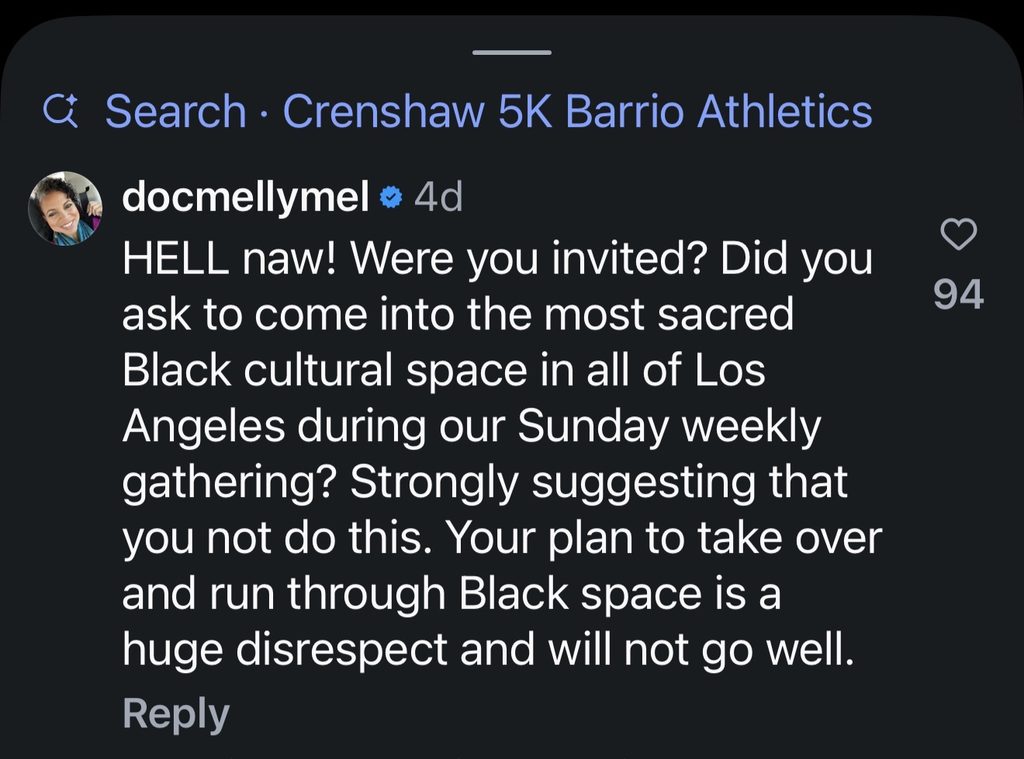 Melina Abdullah inciting animus towards Barrio Athletics