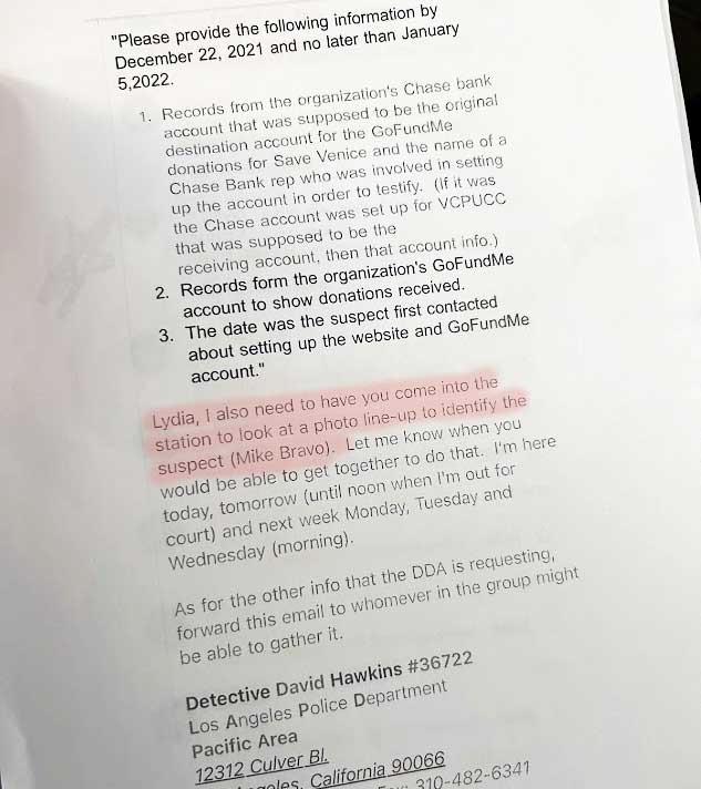 Police Email corresponding with informant Lydia Esther Ponce of Venice, CA