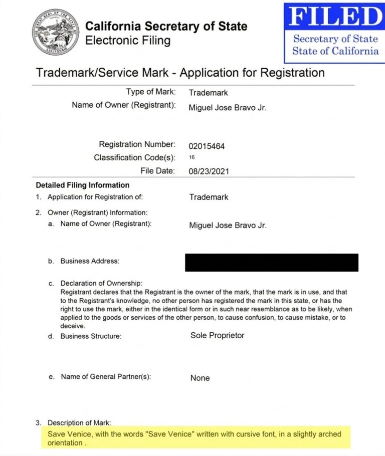 California Save Venice Non-profit Trademark