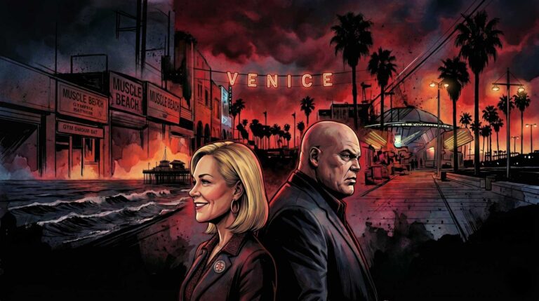 Cartoon graphic juxtaposing fictional Kingpin Wilson Fisk with real Los Angeles Councilwoman Traci Park