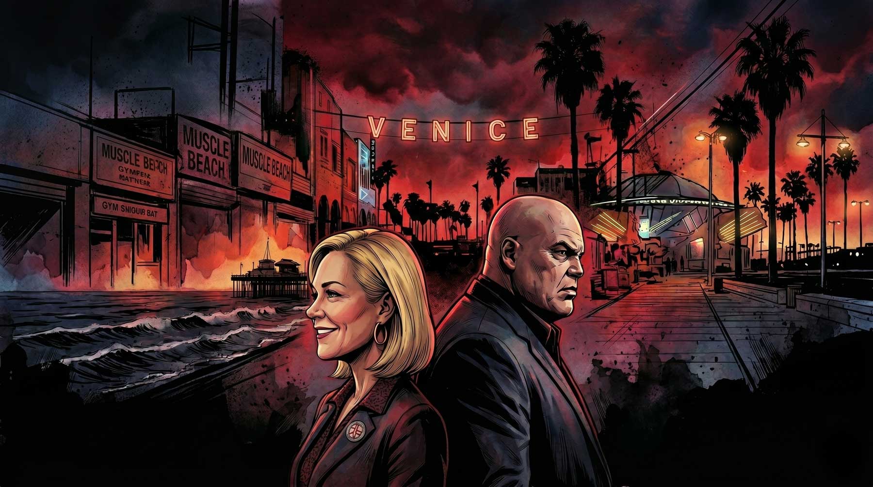 Cartoon graphic juxtaposing fictional Kingpin Wilson Fisk with real Los Angeles Councilwoman Traci Park