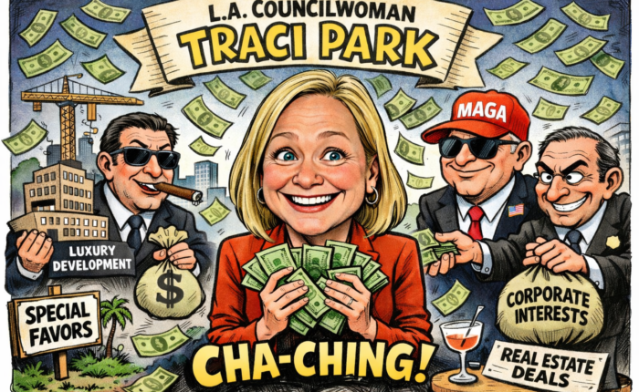 A woman Traci Park cartoon showing all the corporate money she gets