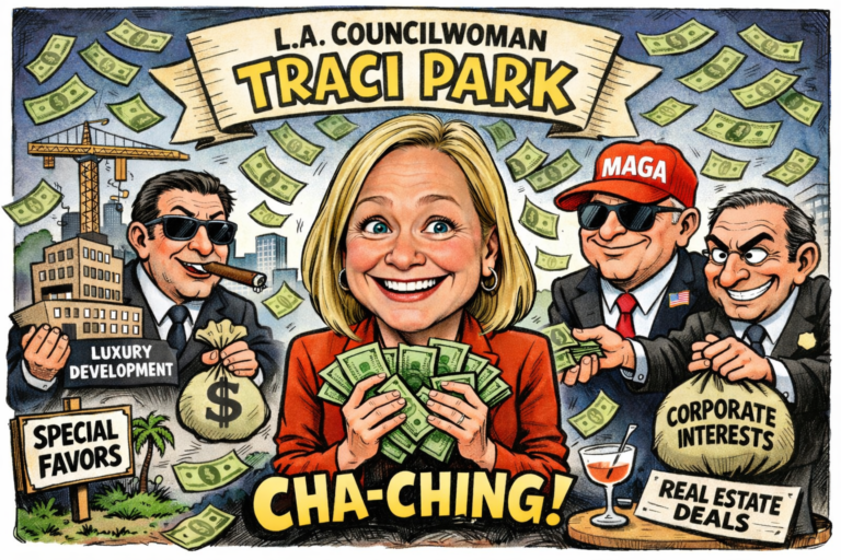 A woman Traci Park cartoon showing all the corporate money she gets