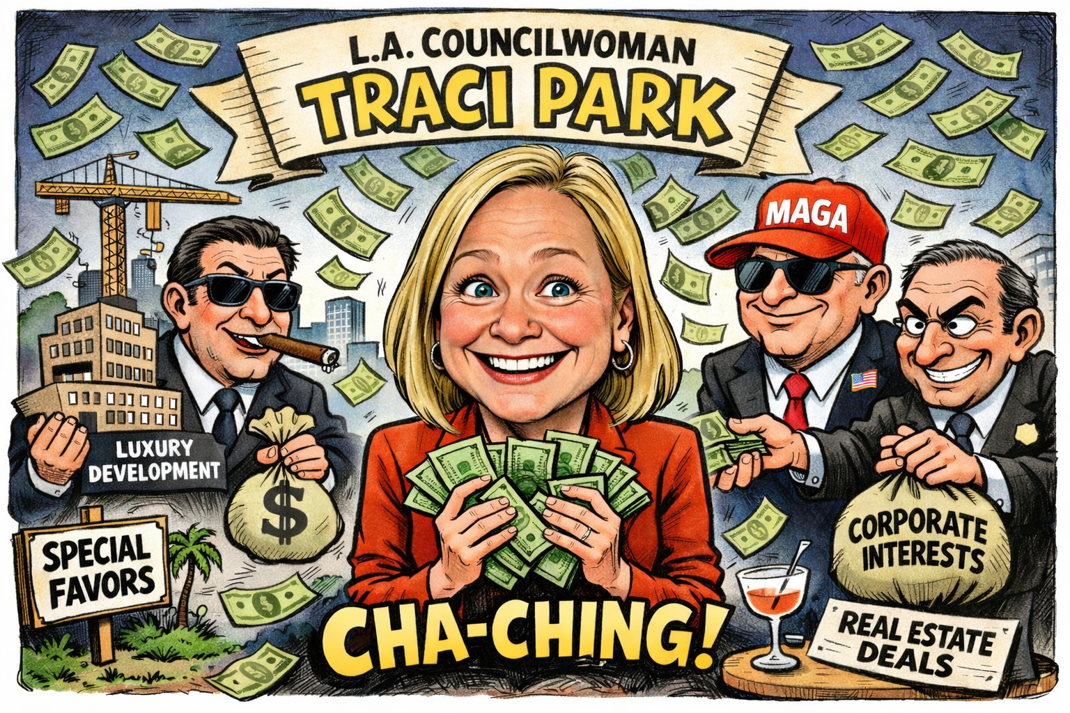 A woman Traci Park cartoon showing all the corporate money she gets